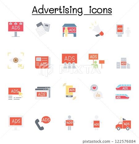 Advertising icon set in flat color style 122576884