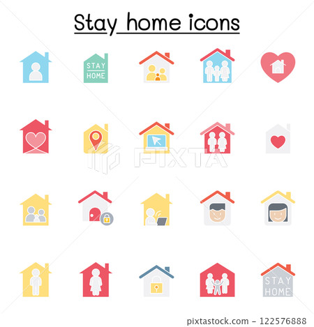 Stay home icon set in flat color style 122576888