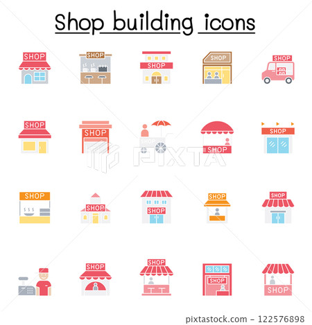 Shop icon set in flat color style Shop icon set in flat color style 122576898