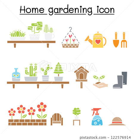 Gardening icon set in flat color style 122576914