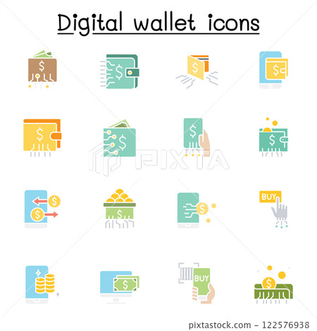 Digital wallets icon set in flat color style 122576938