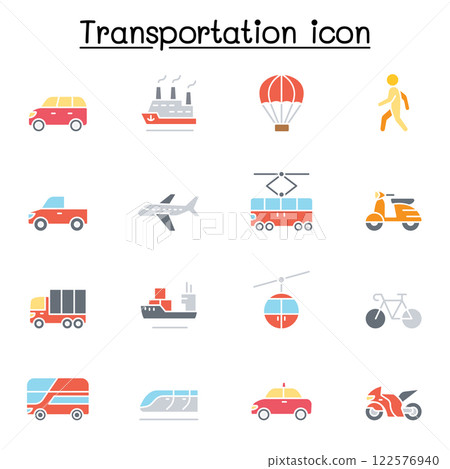 Set of Transportation related vector icon. contains such icon as airplane, bus, truck, lorry, scooter, motorcycle, walking, bicycle, taxi, train, cruise and more. 122576940