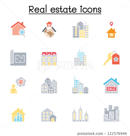 Set of Real estate related vector icon. contains such icon as, condominium, apartment, blueprint, home, architecture, office, residential building, commercial building and more. 122576946