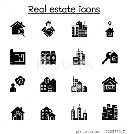 Set of Real estate related vector icon. contains such icon as, condominium, apartment, blueprint, home, architecture, office, residential building, commercial building and more. Set of Real estate related vector icon. contains such icon as, condominium, apartment, blueprint, home, architecture, office, residential building, commercial building and more. 122576947