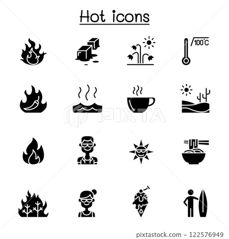 Set of  heat related vector icon. contains such icon as heating, temperature, hot coffee, spicy, chili, summer, sun, melting, fire, flame and more. 122576949
