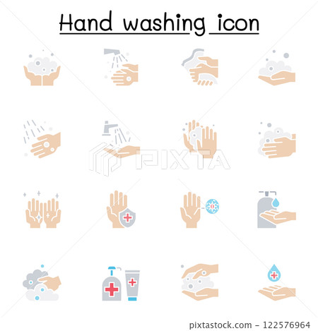 Hand washing icon set in flat color style 122576964