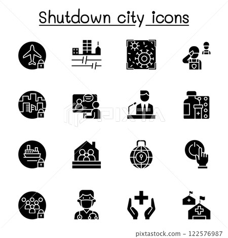 Set of Lock down city from virus crisis related vector icon. contains such icon as Shutdown city, state quarantine, flight cancellation, business closed, and more. 122576987