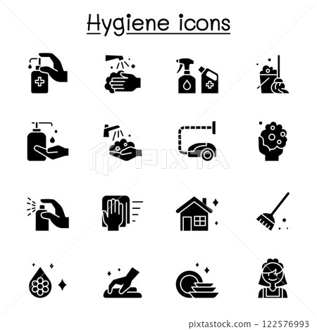 Set of Hygiene related vector icon. contains such icon as Hand washing, cleaning, healthcare,  soap, wipe, sanitary, broom, and more. 122576993