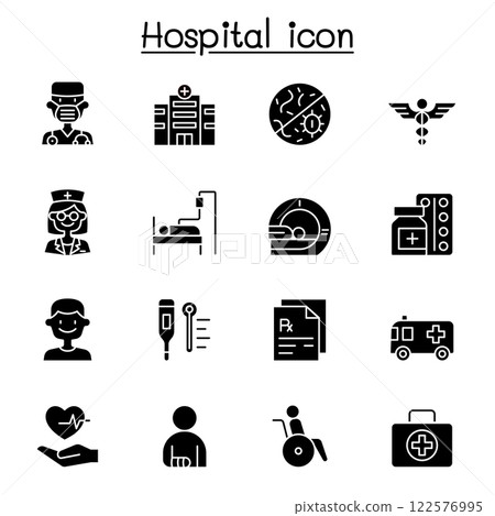 Set of Hospital related vector icon. contains such icon as doctor, nurse, healthcare, virus, prescription, patient, mri scaner, medicine, ambulance, wheelchair, hospital building, and more. 122576995