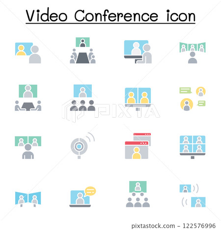 Set of Video conference icon. Contains such icon as online meeting, business communication, team, classroom, online education, presentation, work from home and more. Vector illustration graphic design 122576996