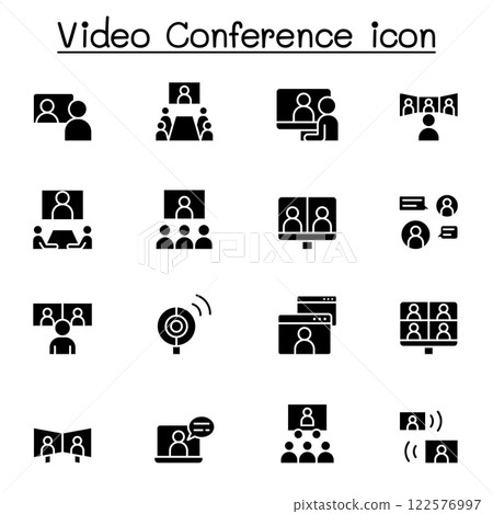 Set of Video conference icon. Contains such icon as online meeting, business communication, team, classroom, online education, presentation, work from home and more. Vector illustration graphic design 122576997