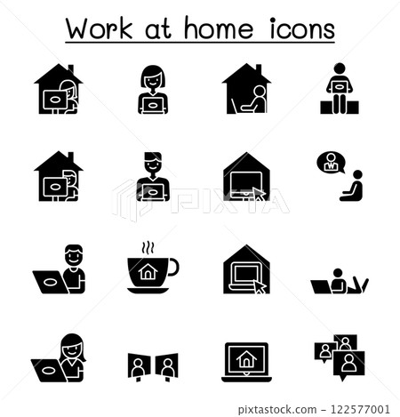 Set of Work at home icon. contains such icon as, business people, video conference, online meeting, business people, freelance, stay home campaign and more. Set of Work at home icon. contains such icon as, business people, video conference, online meeting, business people, freelance, stay home campaign and more. 122577001