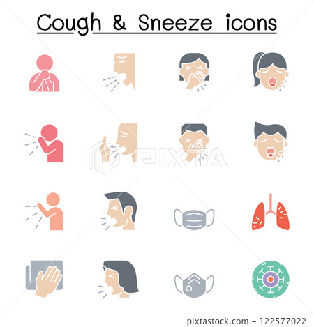 Cough and Sneeze icon set in flat color style Cough and Sneeze icon set in flat color style 122577022