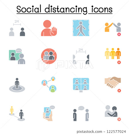 Social distancing icon set in flat color style 122577024