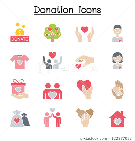 Set of Donation and charity icon. contains such icon as, volunteer, fundraiser, kindness, giving, assistance, support, care and more. 122577032