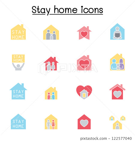 Stay home icon set in flat color style 122577040