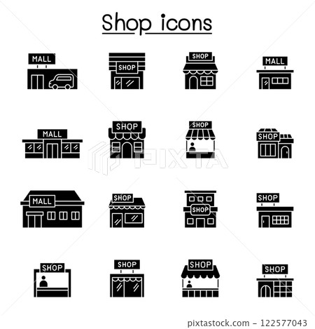Set of shop icon. contains such icon as, supermarket, shopping mall, hypermarket, store and more. 122577043