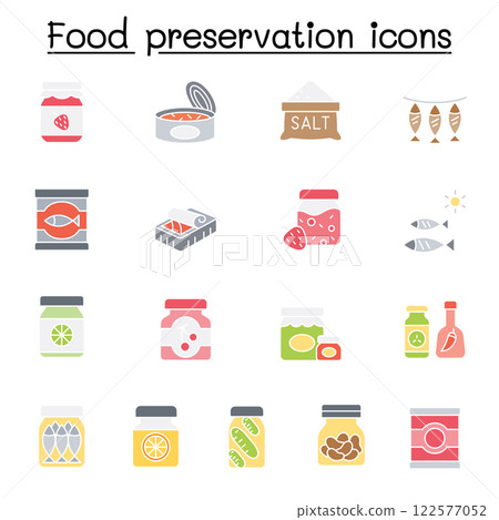 Food preservation icon set in flat color style Food preservation icon set in flat color style 122577052