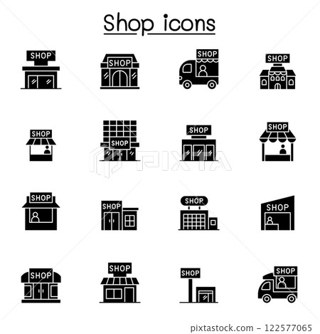 Set of shop icon. contains such icon as, supermarket, shopping mall, hypermarket, store and more. 122577065