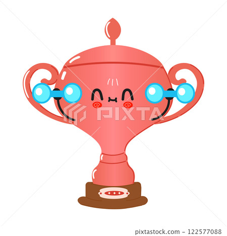 Cute Funny Bronze Trophy Cup Cartoon Character Lifting Dumbbells for a Gym Workout 122577088
