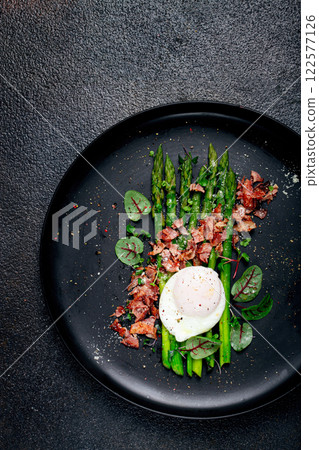 asparagus with poached egg and fried bacon, micro greens and spices, breakfast, homemade, no people, 122577126