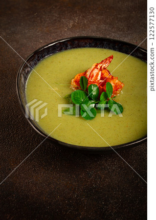 pea cream soup, with shrimp, green soup, homemade, top view, no people, 122577130