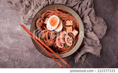 Asian soba soup, with mushrooms and egg, cheese, sesame seeds, homemade, no people, 122577133