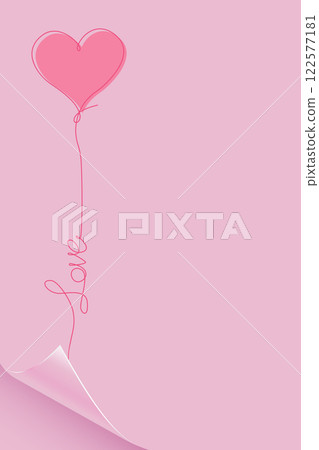 Love, heart balloon symbol on pink curled page. Valentine's day or Mother's day frame border concept hand drawn style, line art, minimalist paper card template, copy space, vector illustration 122577181