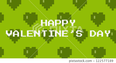 Happy Valentine's Day pixelated horizontal background. Retro game concept with hearts pattern and text. 122577189