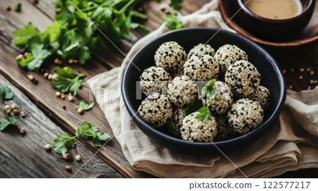 Unique sesame balls on a rustic wooden table with fresh herbs and dipping sauce 122577217