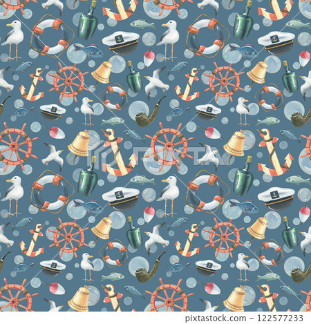 Steering wheel, lifebuoy, sea gulls, captain's cap, fish, water bladders, anchor, bottle of rum, tobacco pipe, ship's bell. Watercolor hand-drawn illustration. Seamless pattern on a blue background 122577233