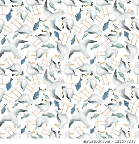 Sea gulls. flying, standing in a captain's cap and smoking a pipe. Watercolor illustration. Seamless pattern. For decoration of children's wallpaper, fabrics. textiles, clothing, prints, paper 122577235