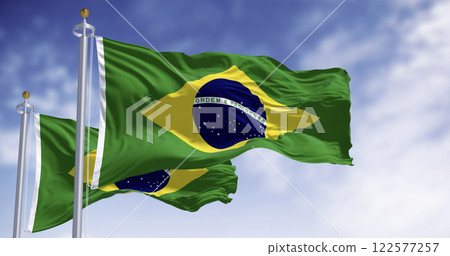 Brazil national flags waving in the wind 122577257