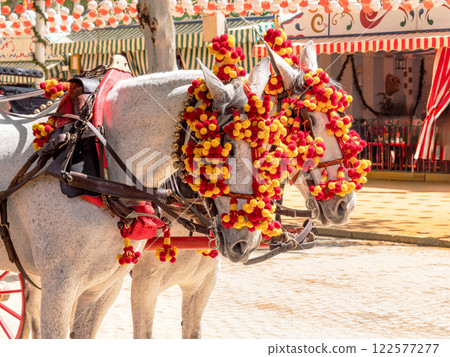 Elegant Horses Adorned for Seville April Fair Celebration Elegant Horses Adorned for Seville April Fair Celebration 122577277