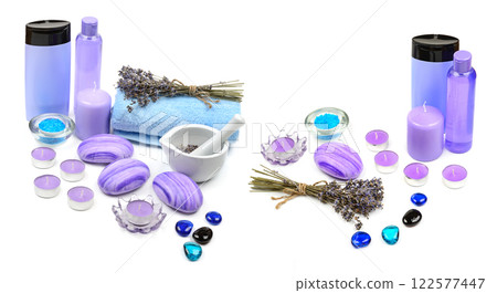 Big set. Soap, shampoo, towel, lavender oil, scented candles, dried lavender flowers isolated on white background. 122577447