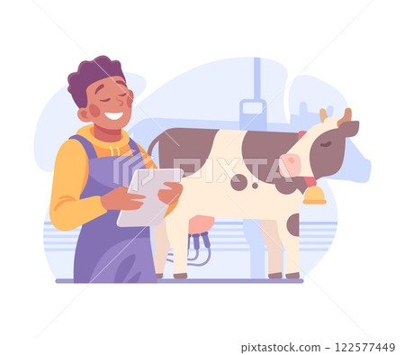 Farming Technology with Man Farmer Monitor Milk Cow on Tablet Vector Illustration 122577449