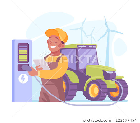 Farming Technology with Man Farmer Charge Tractor Vector Illustration Farming Technology with Man Farmer Charge Tractor Vector Illustration 122577454