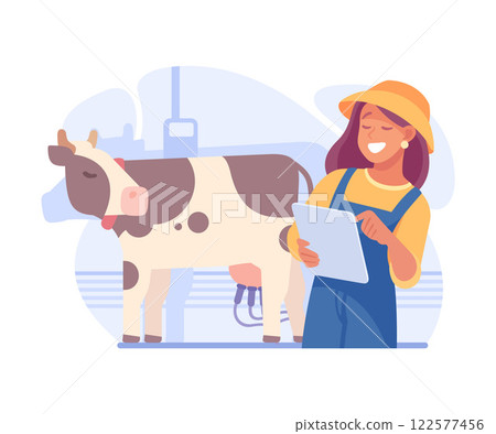 Farming Technology with Woman Farmer Monitor Milk Cow on Tablet Vector Illustration 122577456