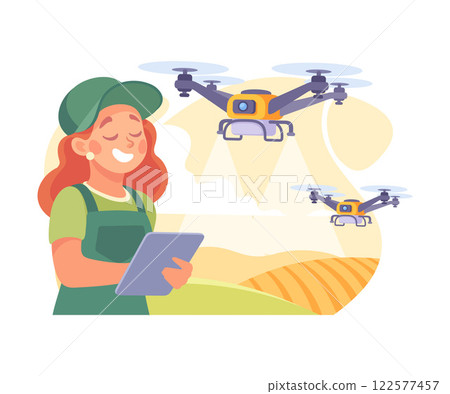 Farming Technology with Woman Farmer Managing Drone Vector Illustration 122577457
