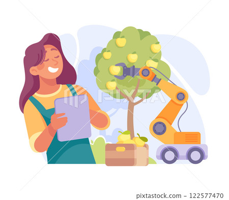 Farming Technology with Woman Farmer Harvest with Robotic Arm and Tablet Vector Illustration Farming Technology with Woman Farmer Harvest with Robotic Arm and Tablet Vector Illustration 122577470
