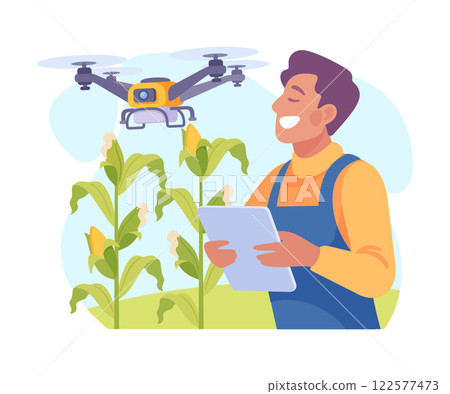Farming Technology with Man Farmer Managing Drone Vector Illustration Farming Technology with Man Farmer Managing Drone Vector Illustration 122577473