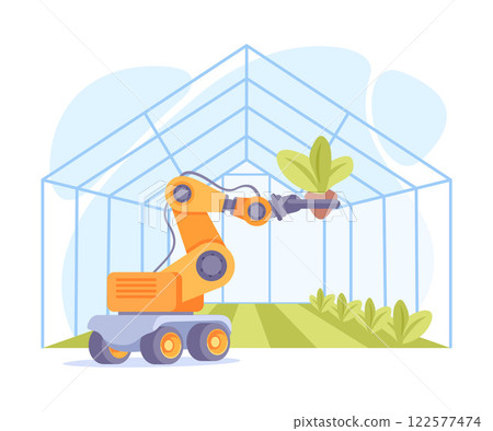 Farming Technology with Robotic Arm Plant Crop in Greenhouse Vector Illustration Farming Technology with Robotic Arm Plant Crop in Greenhouse Vector Illustration 122577474