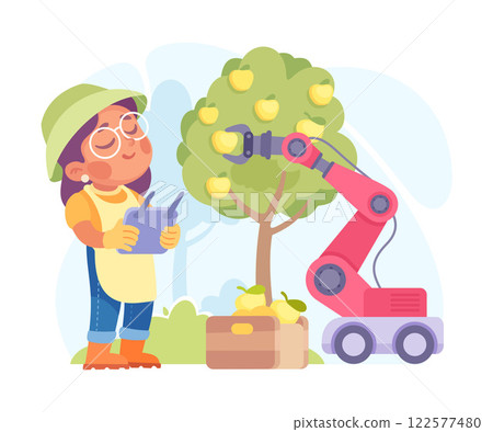Farming Technology with Girl Farmer Harvest Stand with Tablet at Apple Tree Vector Illustration 122577480