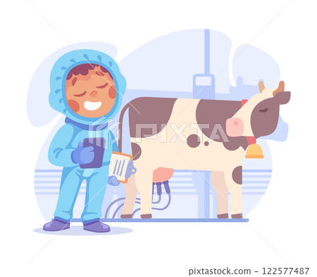Farming Technology with Boy Farmer Stand with Tablet Milk Cow Vector Illustration 122577487