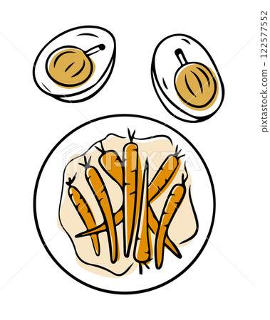 Illustration of plate of glazed carrots with eggs Illustration of plate of glazed carrots with eggs 122577552