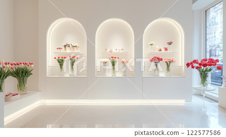 modern flower shop with tulips, roses and pions in identical vases in showcase 122577586