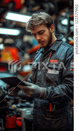Mechanic using tablet to diagnose vehicle issues in automotive repair shop during daytime 122577602