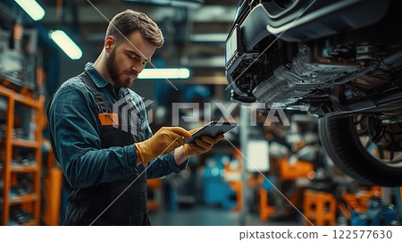 Mechanic using tablet to diagnose vehicle issues in automotive repair shop during daytime 122577630