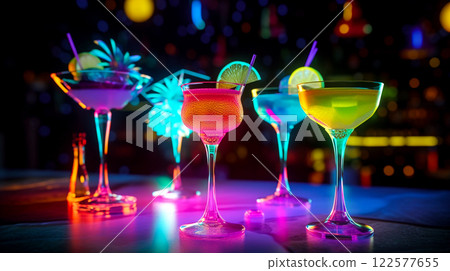 A bar in a nightclub with many different colourful alcoholic cocktails in glasses. Party celebration. Nightclub interior. Mixology in a cafe at night. This is AI-generated item 122577655