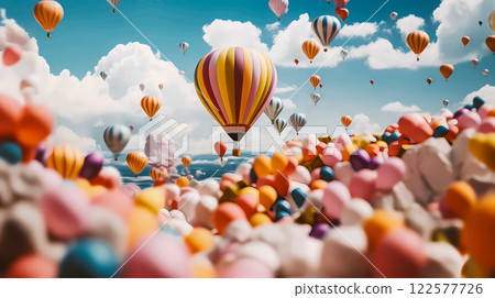Festival of hot air balloons. Balloon flight high in the blue sky. Ballooning hobby, recreation, attraction. Aerial transport. Travel concept. This is AI-generated item 122577726